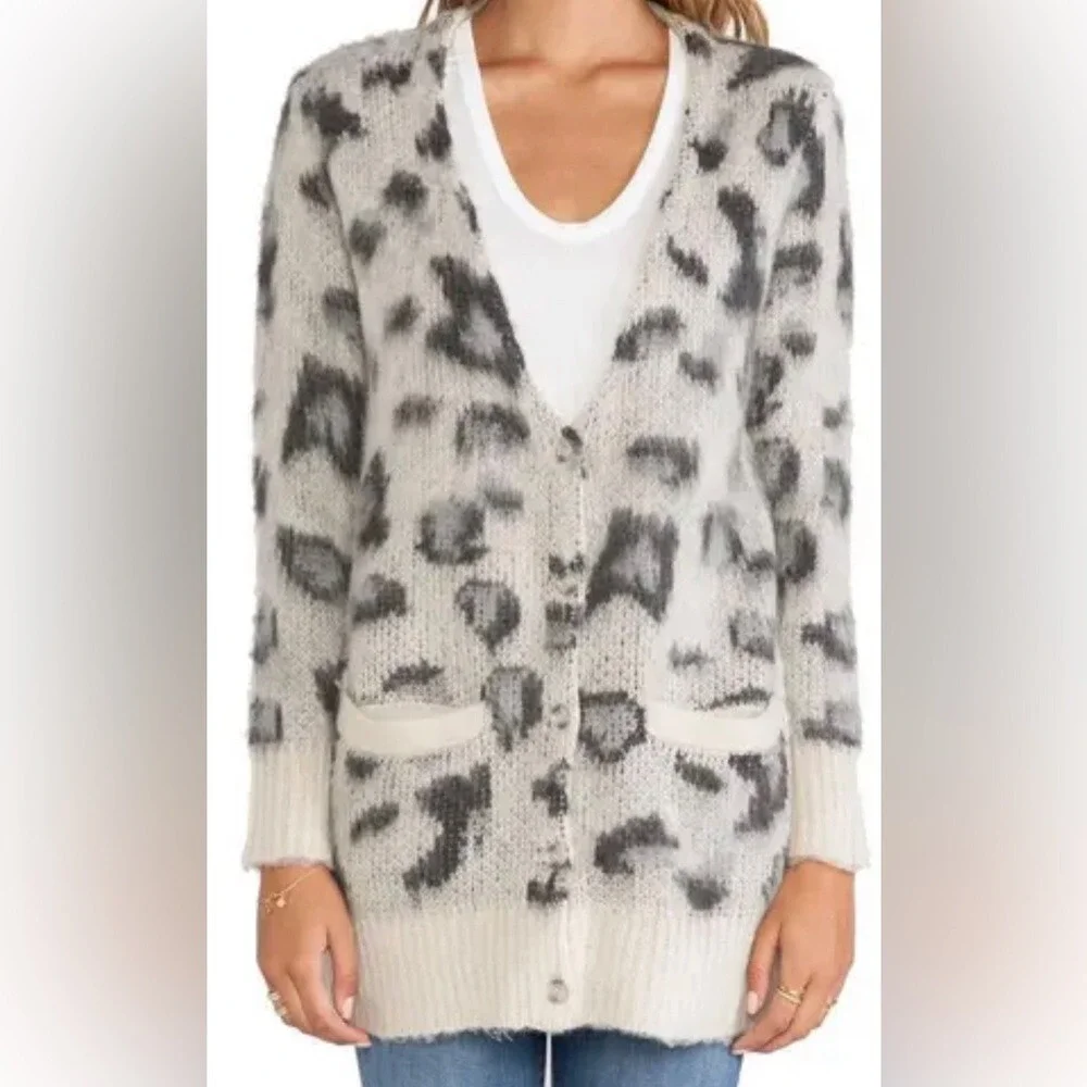 Free People Leopard Print Fuzzy Knit Cardigan Sweater Cream Grey Oversized small